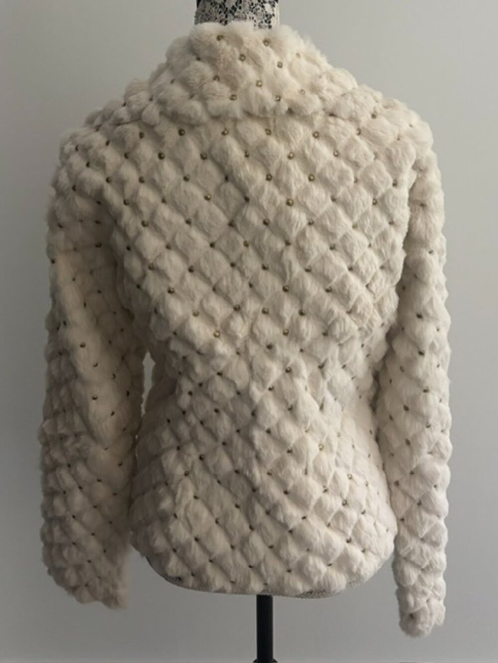 Ivory Sheri Bodell Genuine Rabbit Fur Jacket with Gold Studs - Medium - Picture 3 of 4
